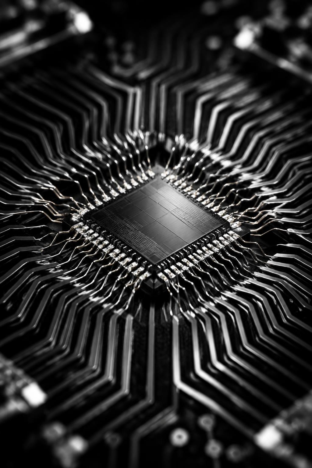 Macro photograph of a quantum processor die with gold wire bonds and radiating circuit traces